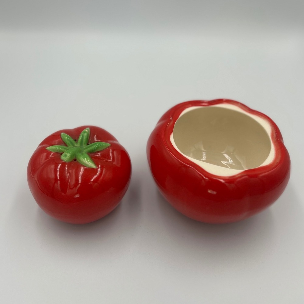 The Pantry Parade Vintage Ceramic Tomato Salt Shaker and Open Sugar Bowl Set Red